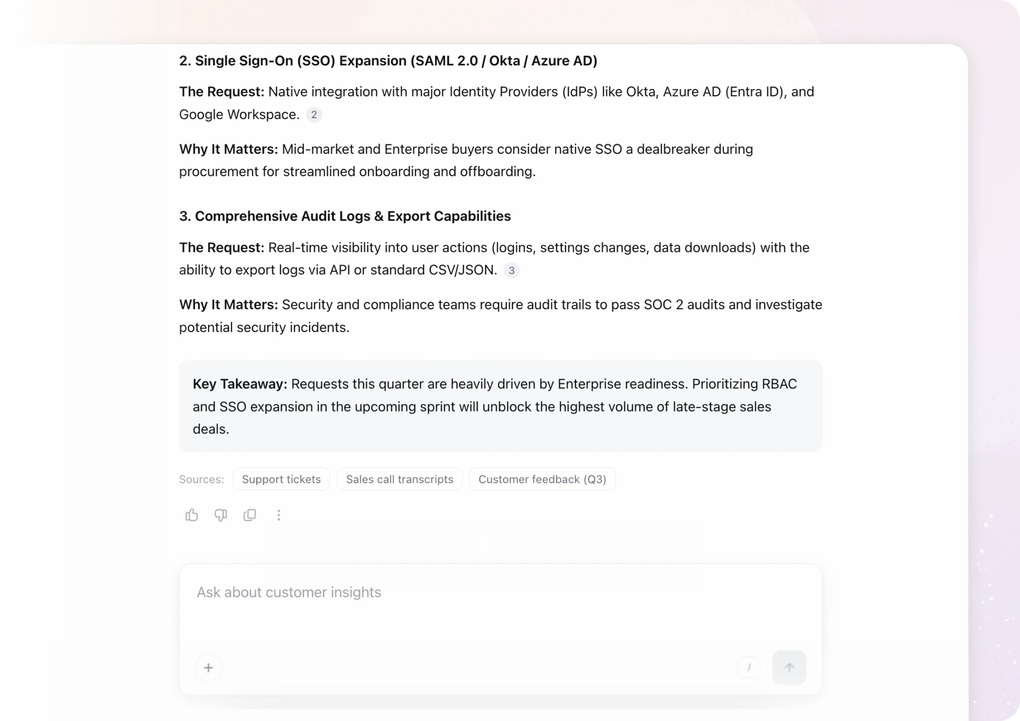 A cited answer in Ask Insights: ranked feature requests with why each matters, a key takeaway, and the sources it drew on.