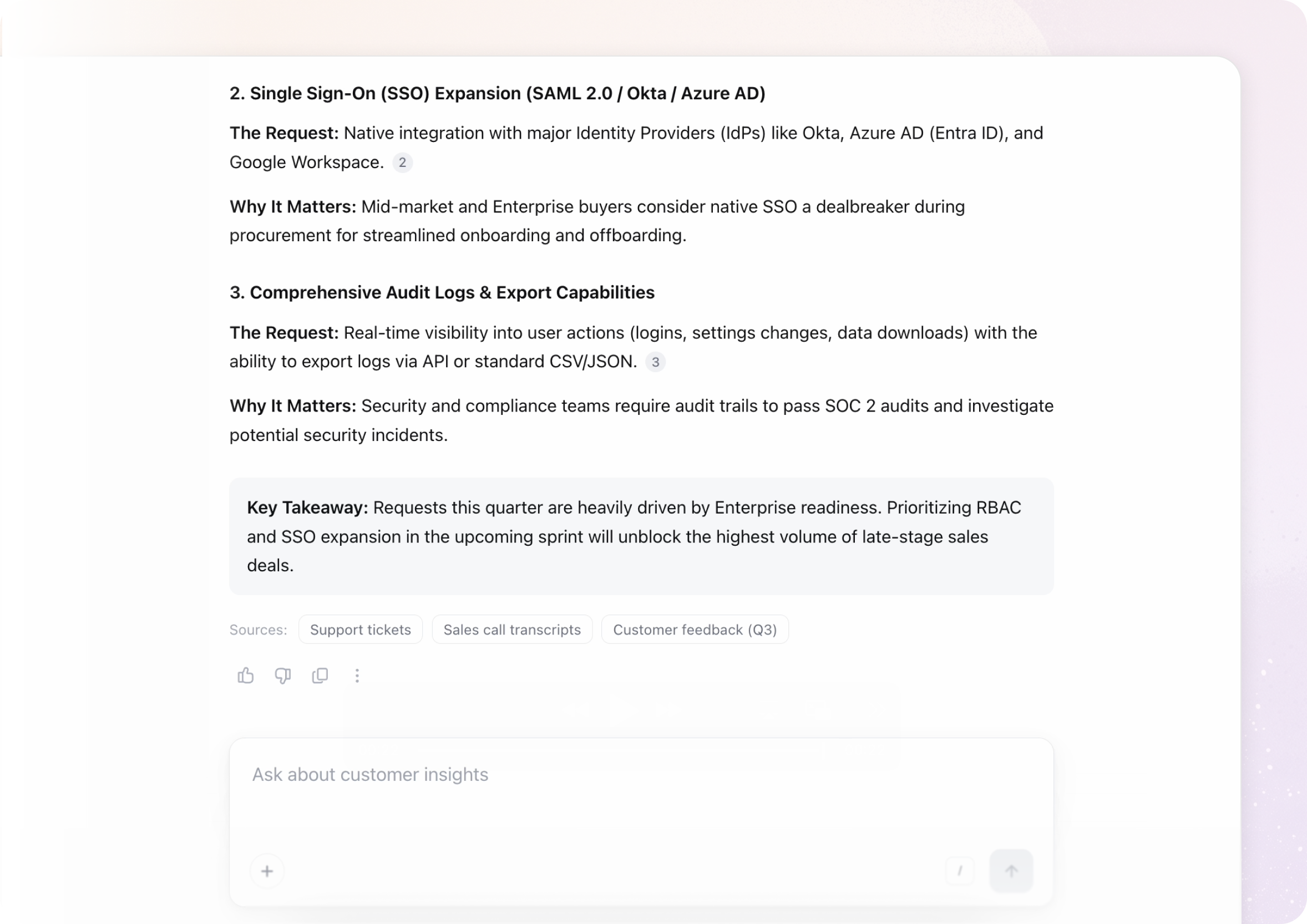 A cited answer in Ask Insights: ranked feature requests with why each matters, a key takeaway, and the sources it drew on.