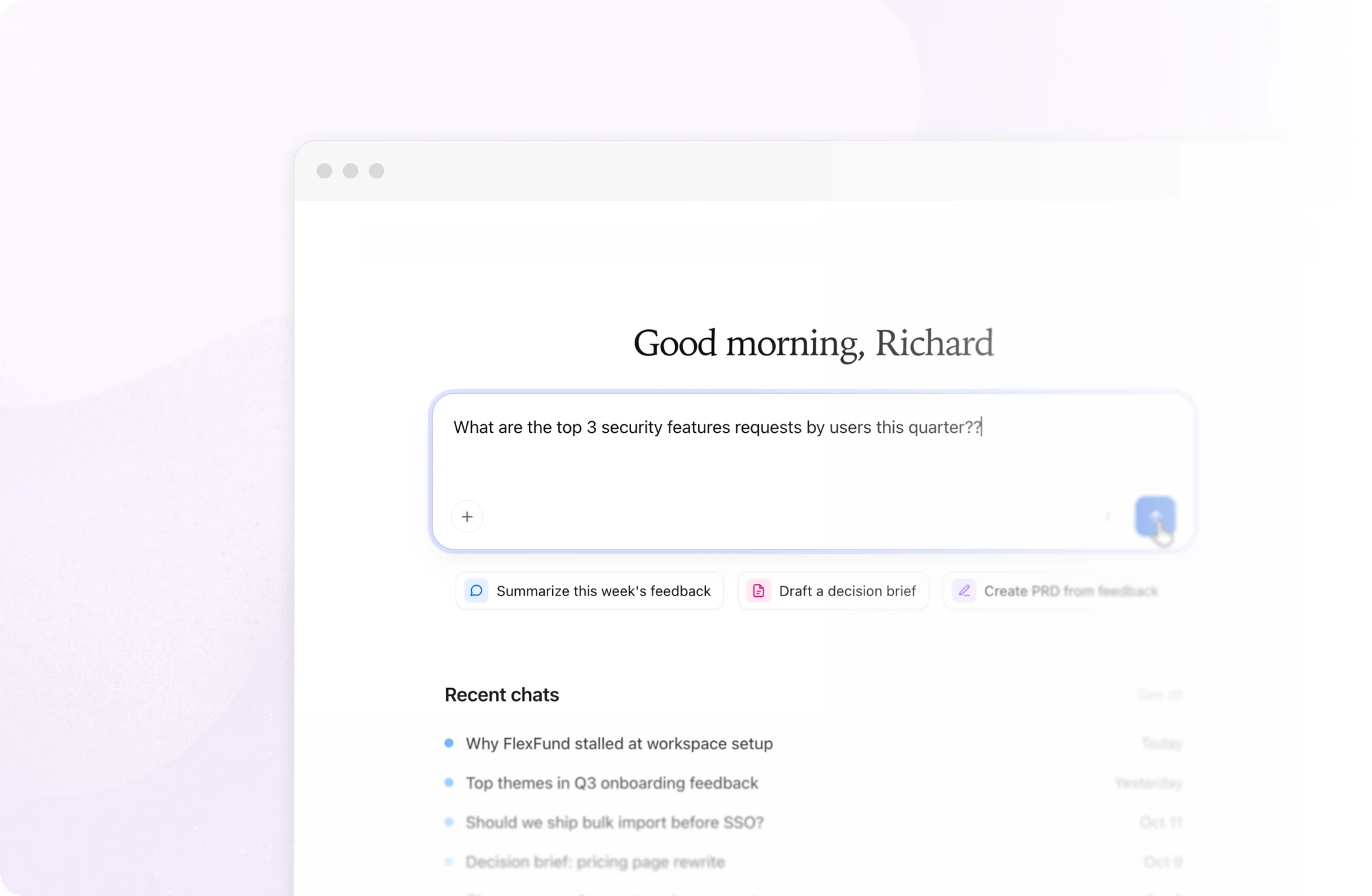 The Ask Insights landing screen: a greeting, the prompt box, suggested prompts and recent chats.