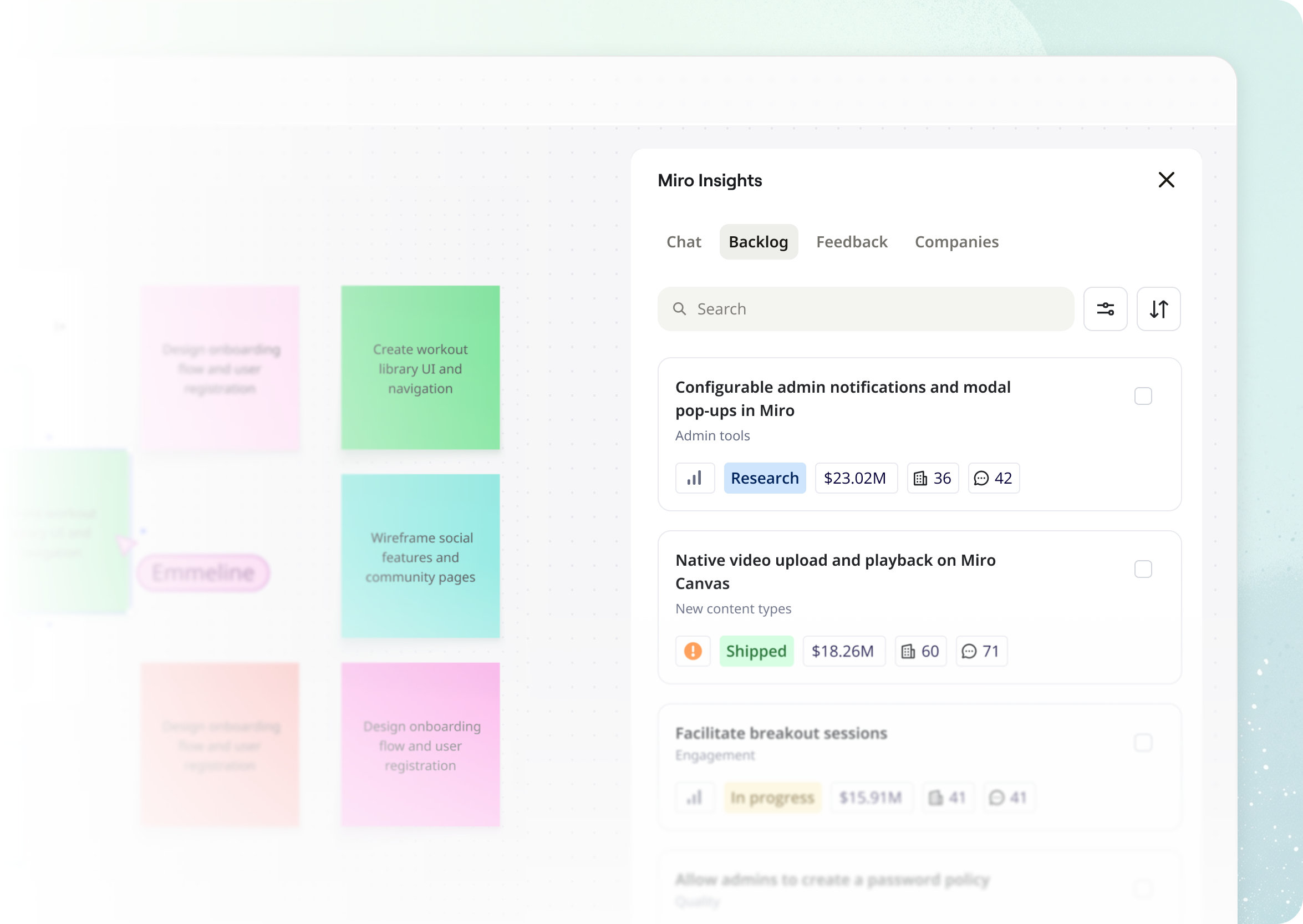 The Miro Insights panel open beside a board: a searchable backlog of requests, each with its status, revenue and comment count.