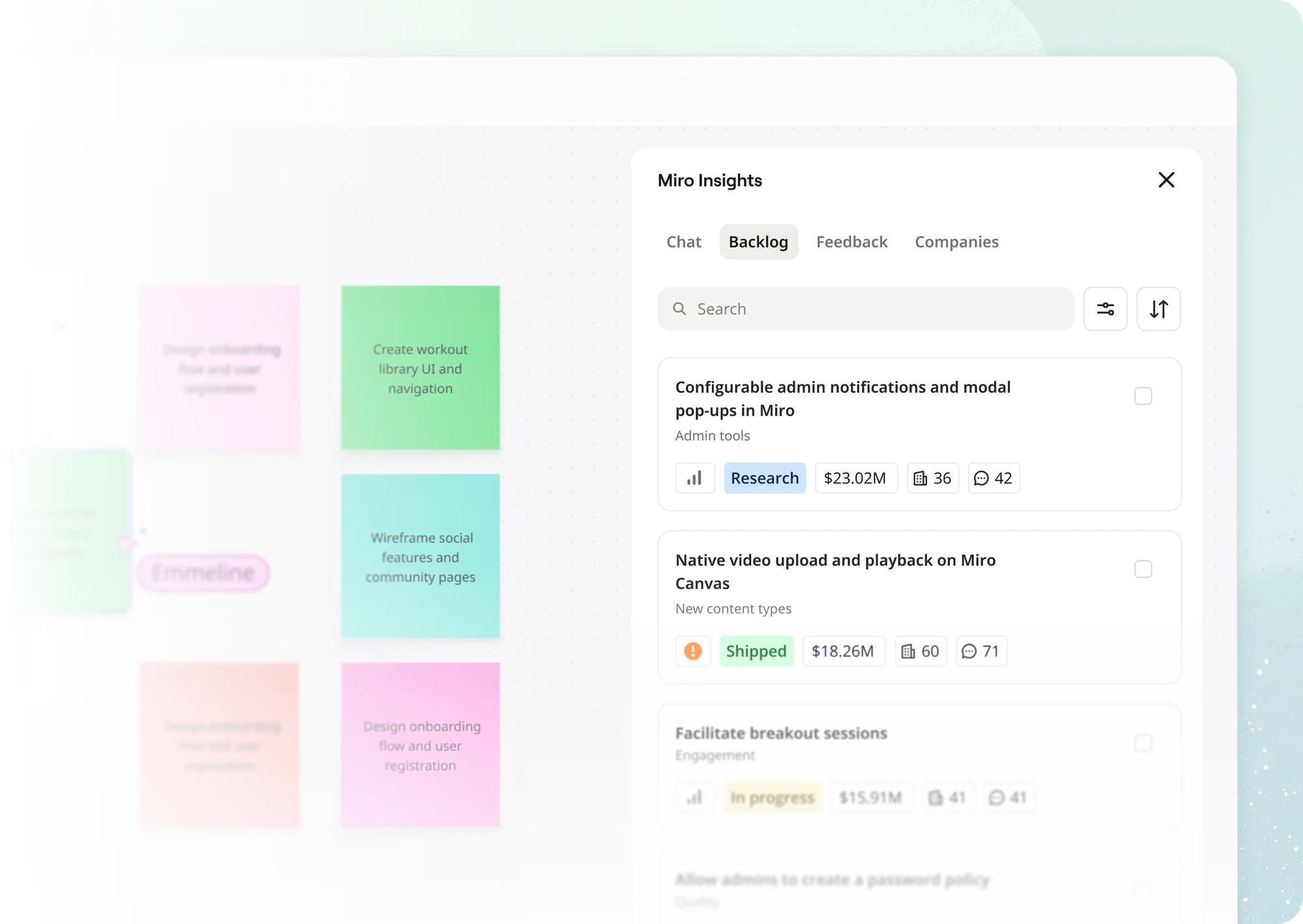 The Miro Insights panel open beside a board: a searchable backlog of requests, each with its status, revenue and comment count.