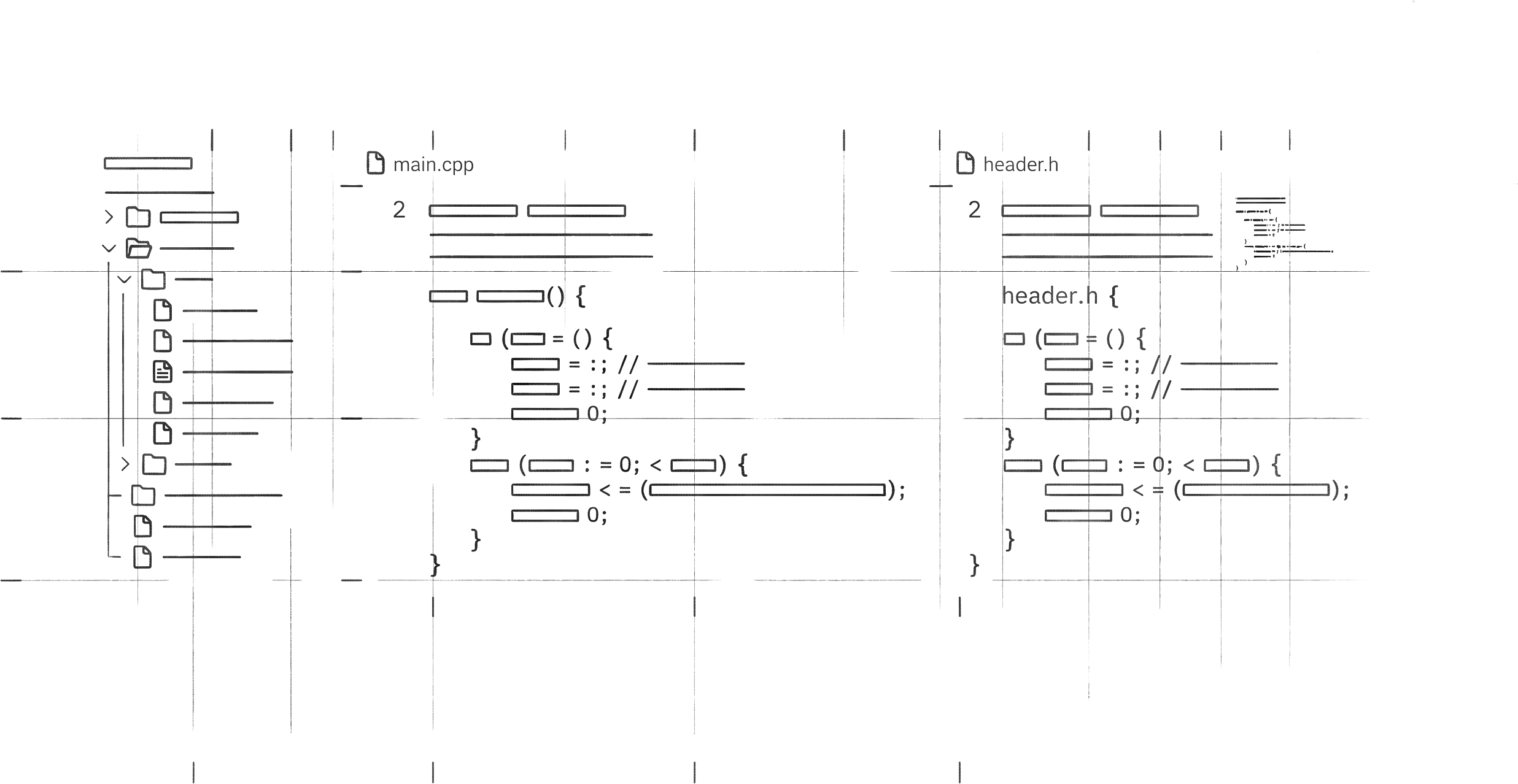 A blueprint-style drawing of a code editor: file tree, open tabs, source pane and terminal.