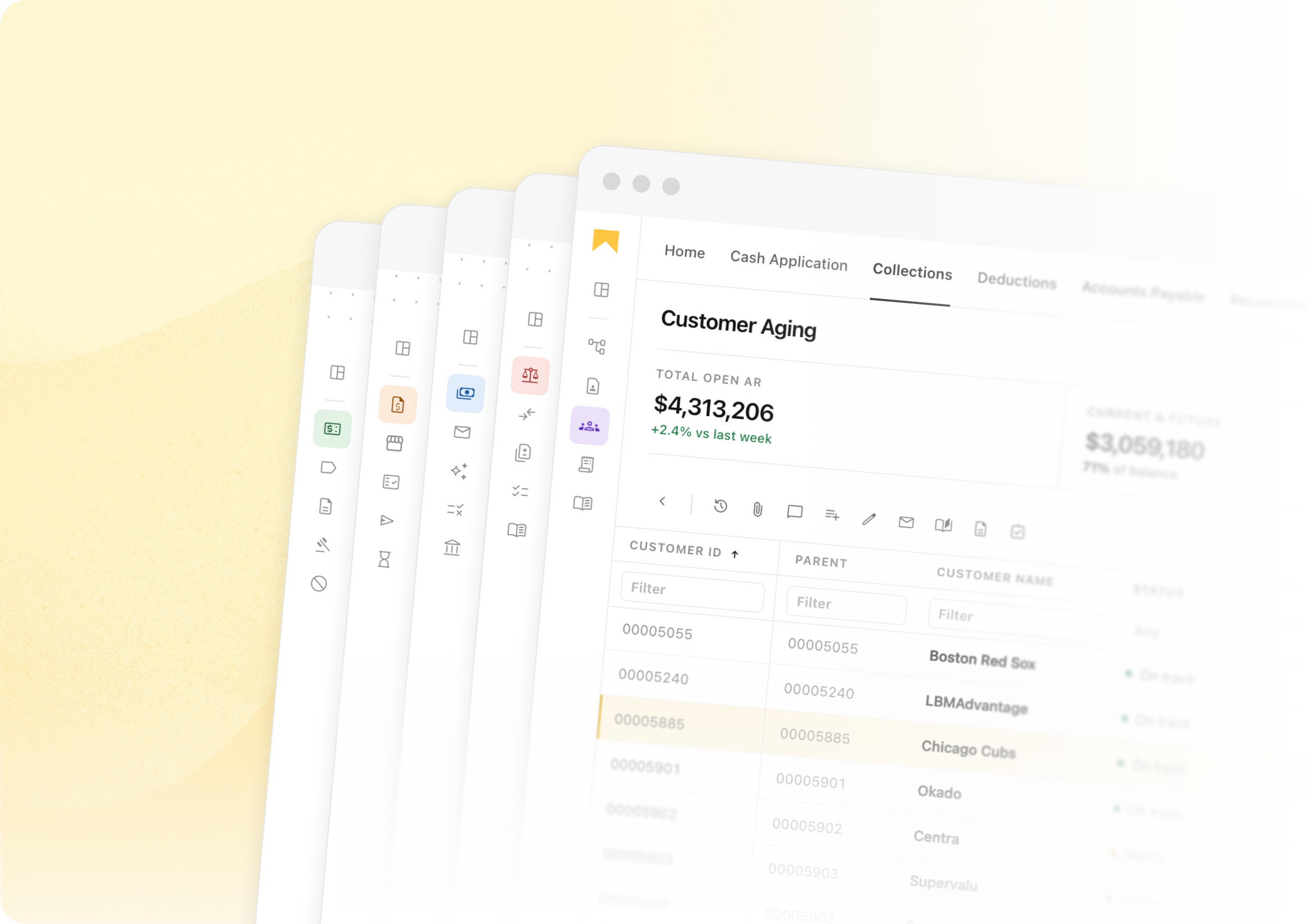 The rebuilt Cashbook shell: a fanned stack of module sidebars behind a Customer Aging view.