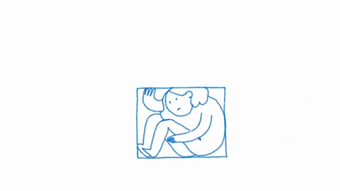 A sketched figure curled up inside a box, then climbing out of it.